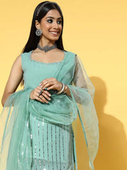 Women Striped Poly-Georgette Ethereal Embroidery Kurta Set - Inddus.com