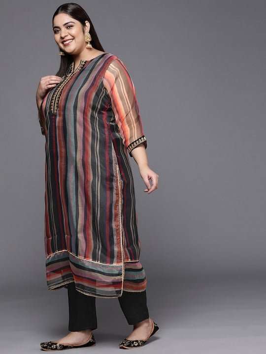 Women Striped Sequinned Straight Kurta with Trousers & With Dupatta - Inddus.com