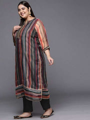 Women Striped Sequinned Straight Kurta with Trousers & With Dupatta - Inddus.com