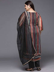Women Striped Sequinned Straight Kurta with Trousers & With Dupatta - Inddus.com