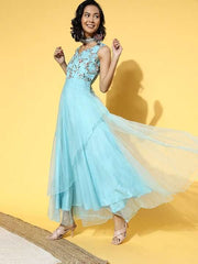 Women Stylish Blue Ethnic Motifs Ethereal Embroidery Dress - Inddus.com