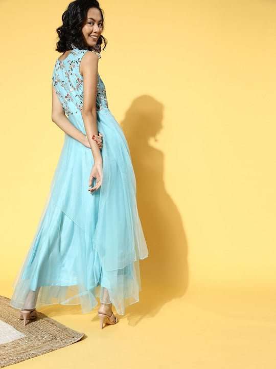 Women Stylish Blue Ethnic Motifs Ethereal Embroidery Dress - Inddus.com