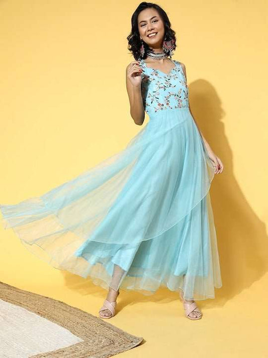 Women Stylish Blue Ethnic Motifs Ethereal Embroidery Dress - Inddus.com