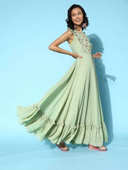 Women Stylish Green Ethnic Motifs Ethereal Embroidery Dress - Inddus.com