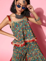 Women Stylish Green Printed Top With Palazzos - Inddus.com
