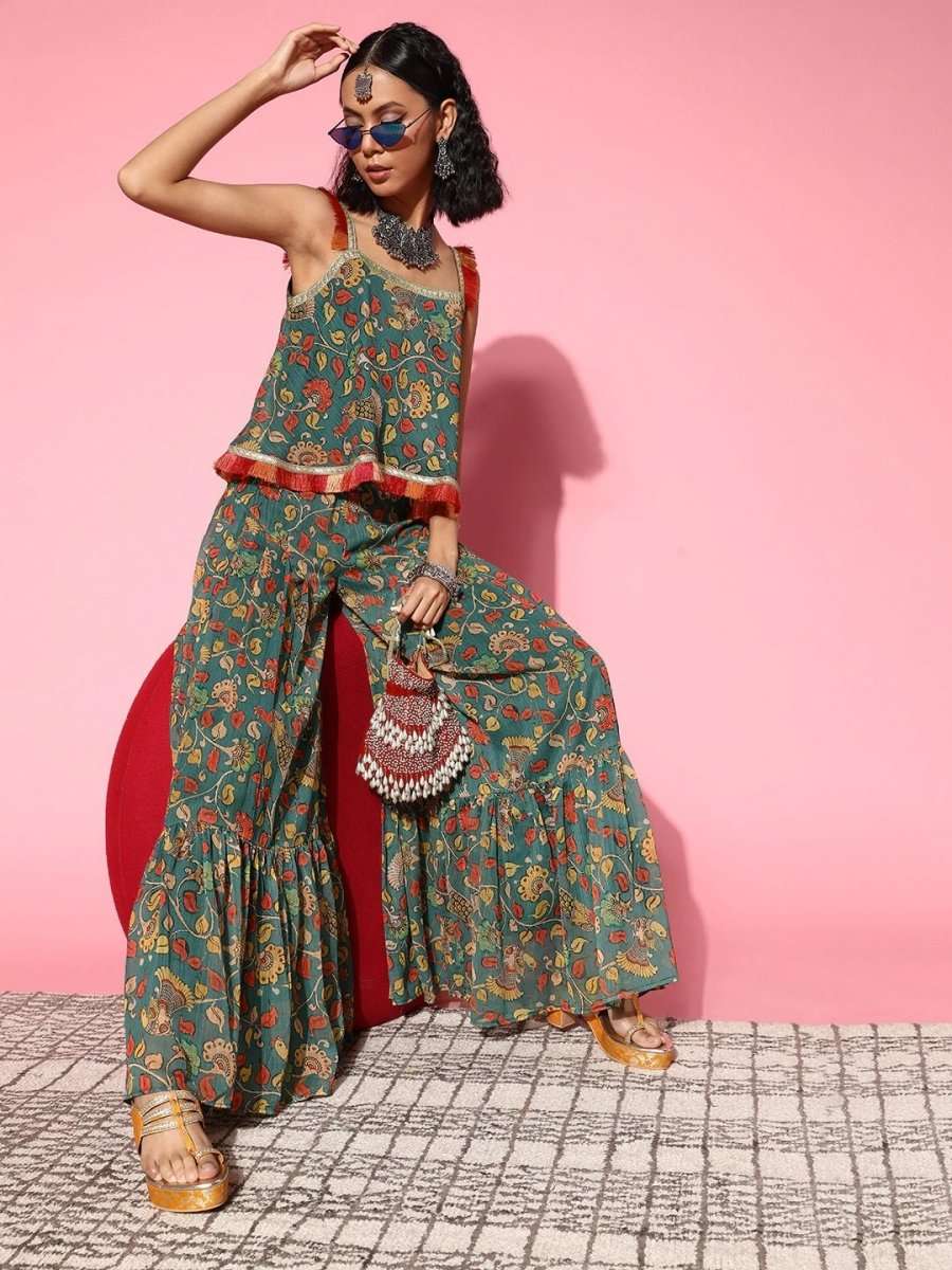 Women Stylish Green Printed Top With Palazzos - Inddus.com