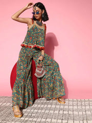 Women Stylish Green Printed Top With Palazzos - Inddus.com