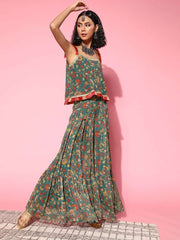 Women Stylish Green Printed Top With Palazzos - Inddus.com