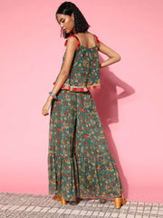 Women Stylish Green Printed Top With Palazzos - Inddus.com
