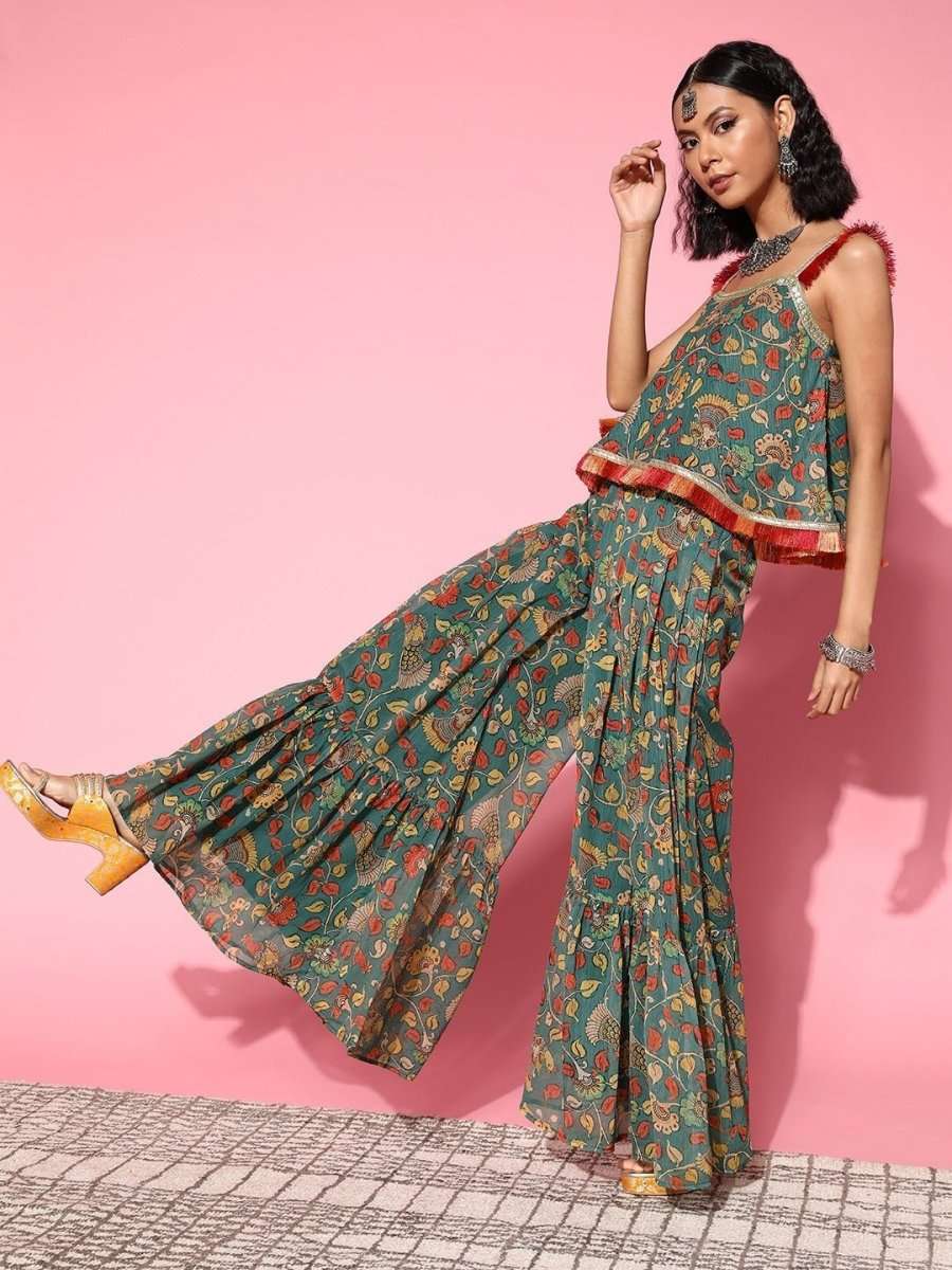 Women Stylish Green Printed Top With Palazzos - Inddus.com