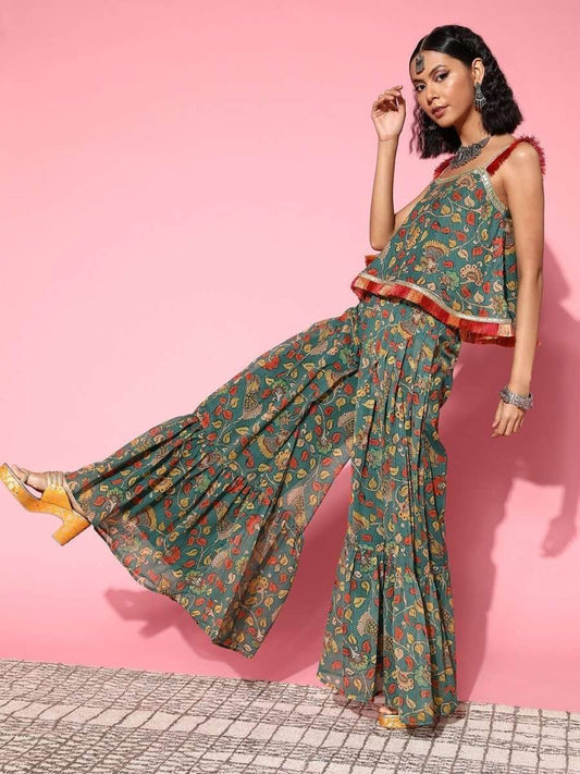 Women Stylish Green Printed Top With Palazzos - Inddus.com