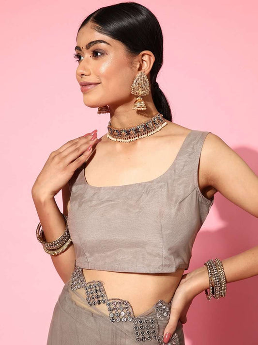 Women Taupa Solid Sequinned Embellished Saree - Inddus.com