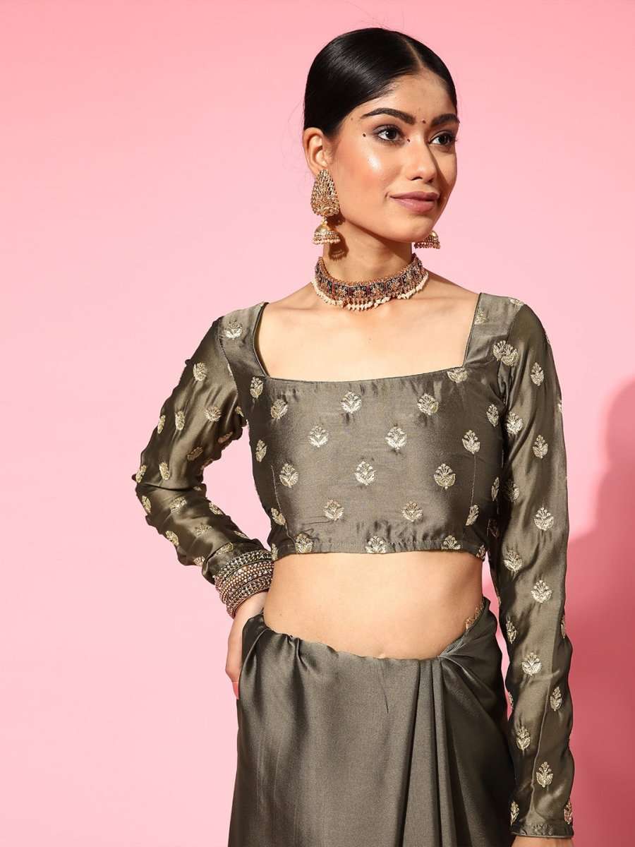 Women Taupe Solid Embroidered Sequinned Festive Saree - Inddus.com
