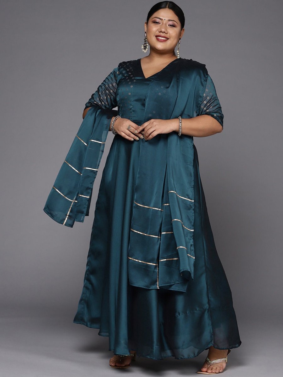 Women Teal Blue Anarkali Kurta With Gotta Detail Dupatta - Inddus.com