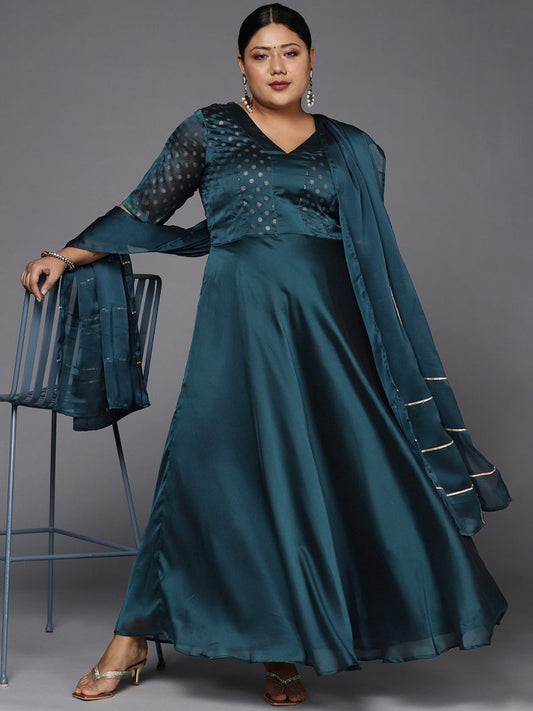 Women Teal Blue Anarkali Kurta With Gotta Detail Dupatta - Inddus.com