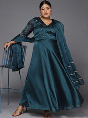 Women Teal Blue Anarkali Kurta With Gotta Detail Dupatta - Inddus.com