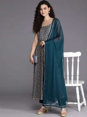 Women Teal Blue & Beige Floral Printed Pleated Kurta with Trousers & Dupatta - Inddus.com