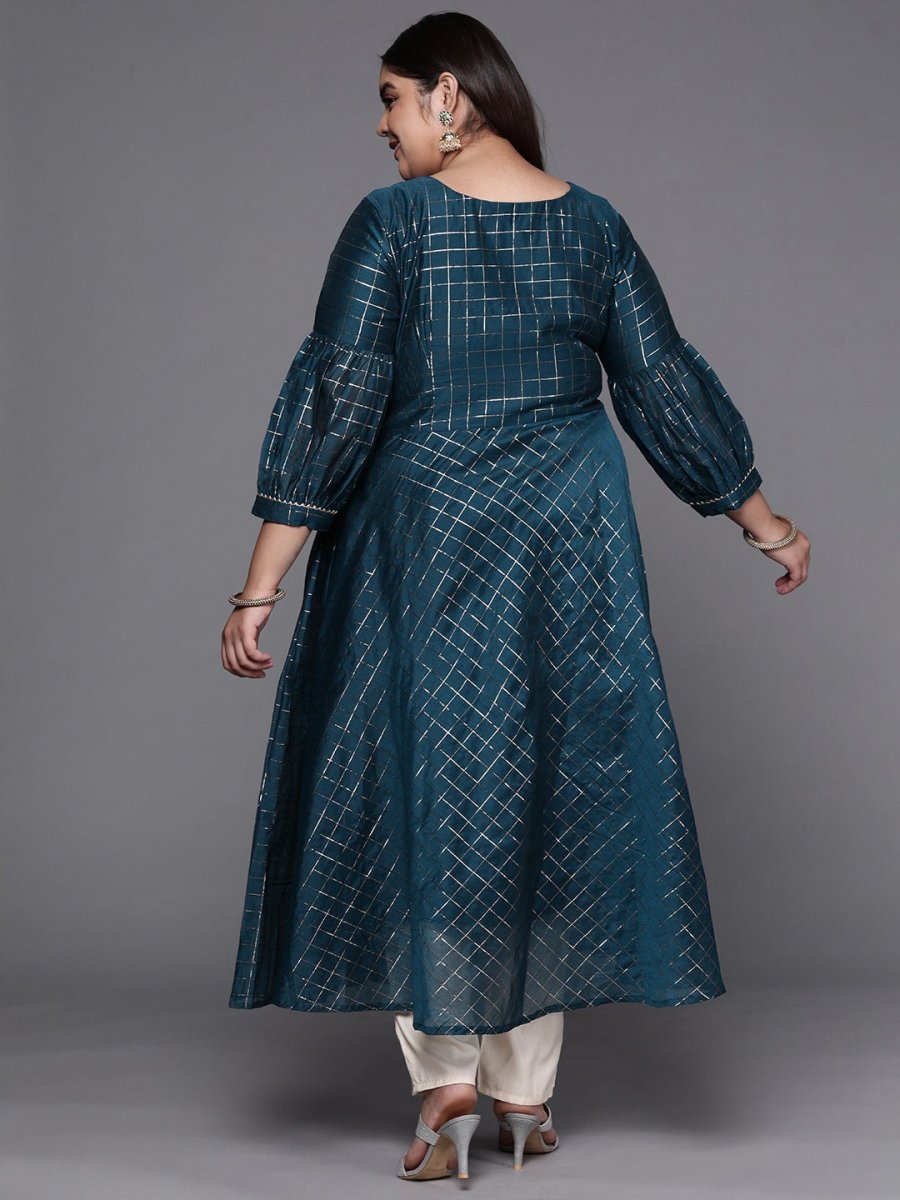Women Teal Blue Checked Tie-Up Neck Gotta Patti Kurta - Inddus.com