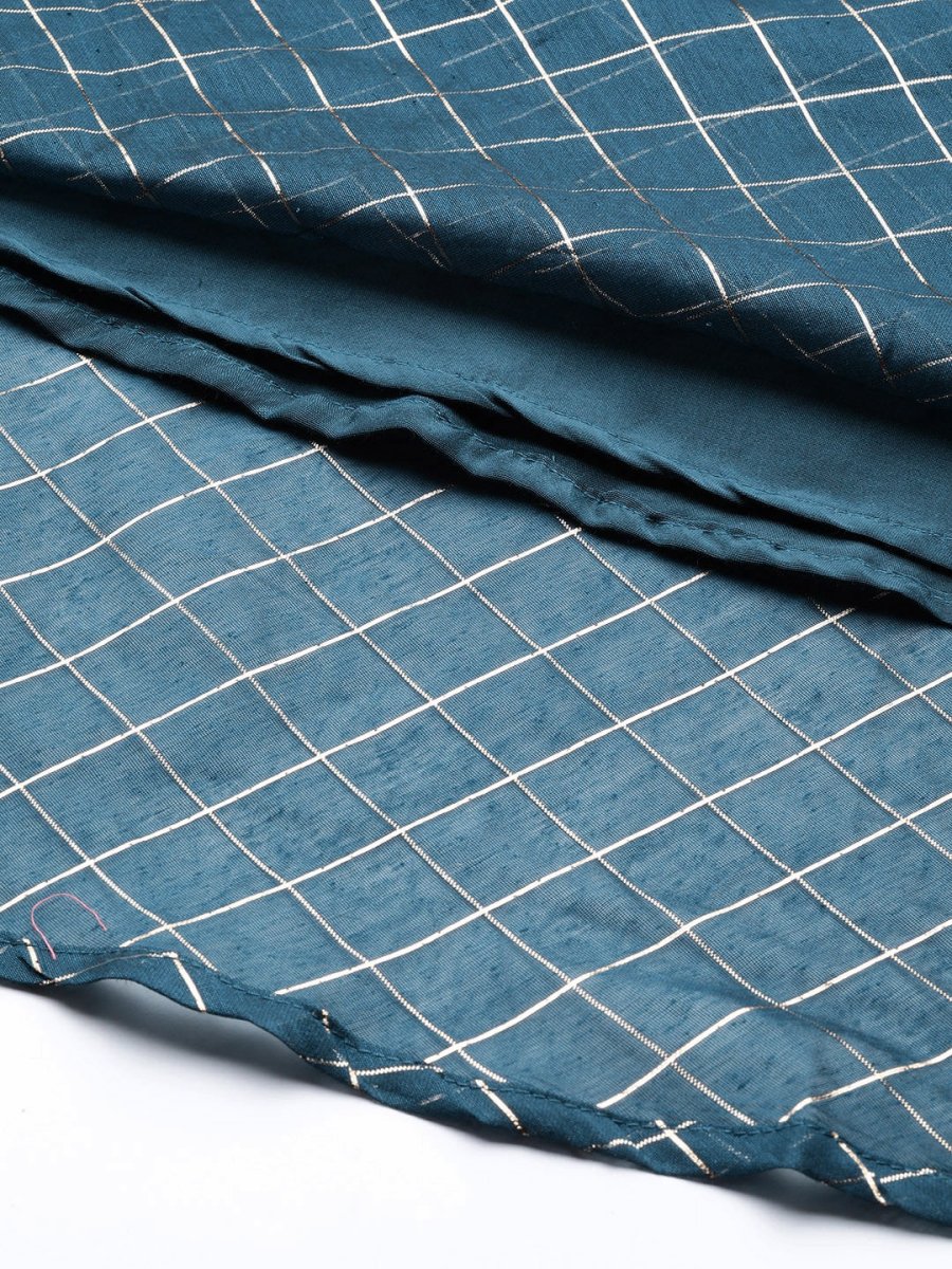 Women Teal Blue Checked Tie-Up Neck Gotta Patti Kurta - Inddus.com