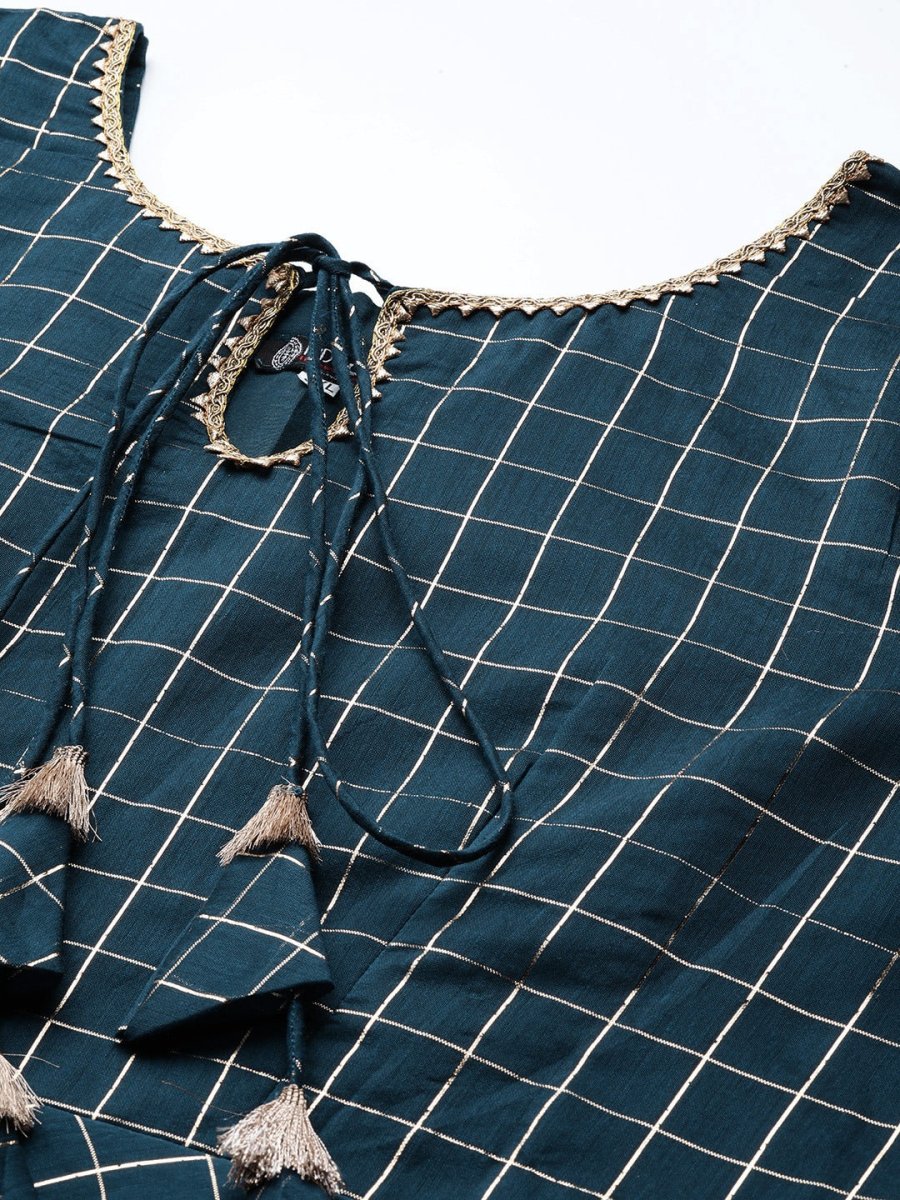 Women Teal Blue Checked Tie-Up Neck Gotta Patti Kurta - Inddus.com