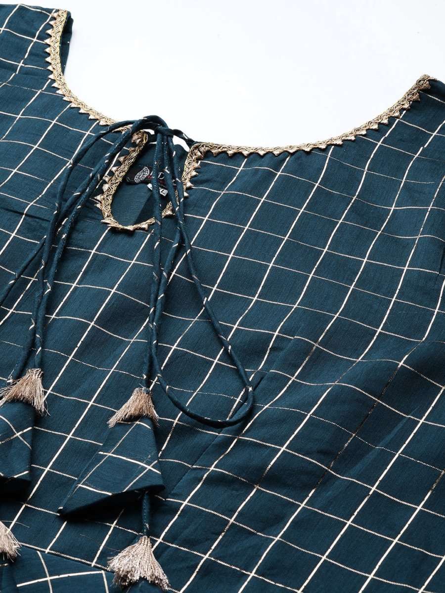 Women Teal Blue Checked Tie-Up Neck Gotta Patti Kurta - Inddus.com