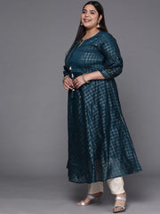 Women Teal Blue Checked Tie-Up Neck Gotta Patti Kurta - Inddus.com