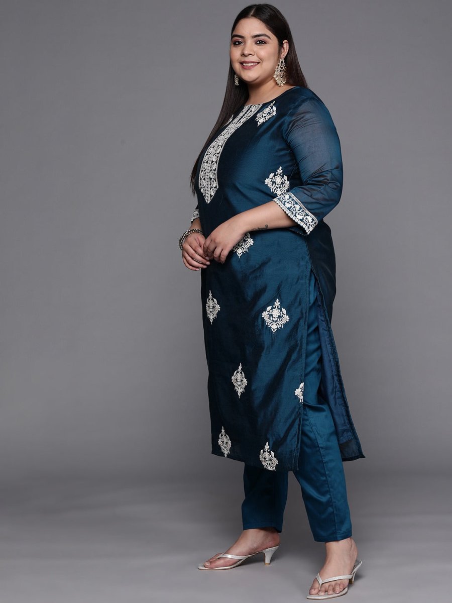 Women Teal Blue Embroidered Sequinned Chanderi Cotton Kurta Set With Dupatta - Inddus.com