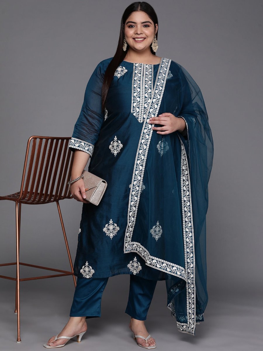 Women Teal Blue Embroidered Sequinned Chanderi Cotton Kurta Set With Dupatta - Inddus.com