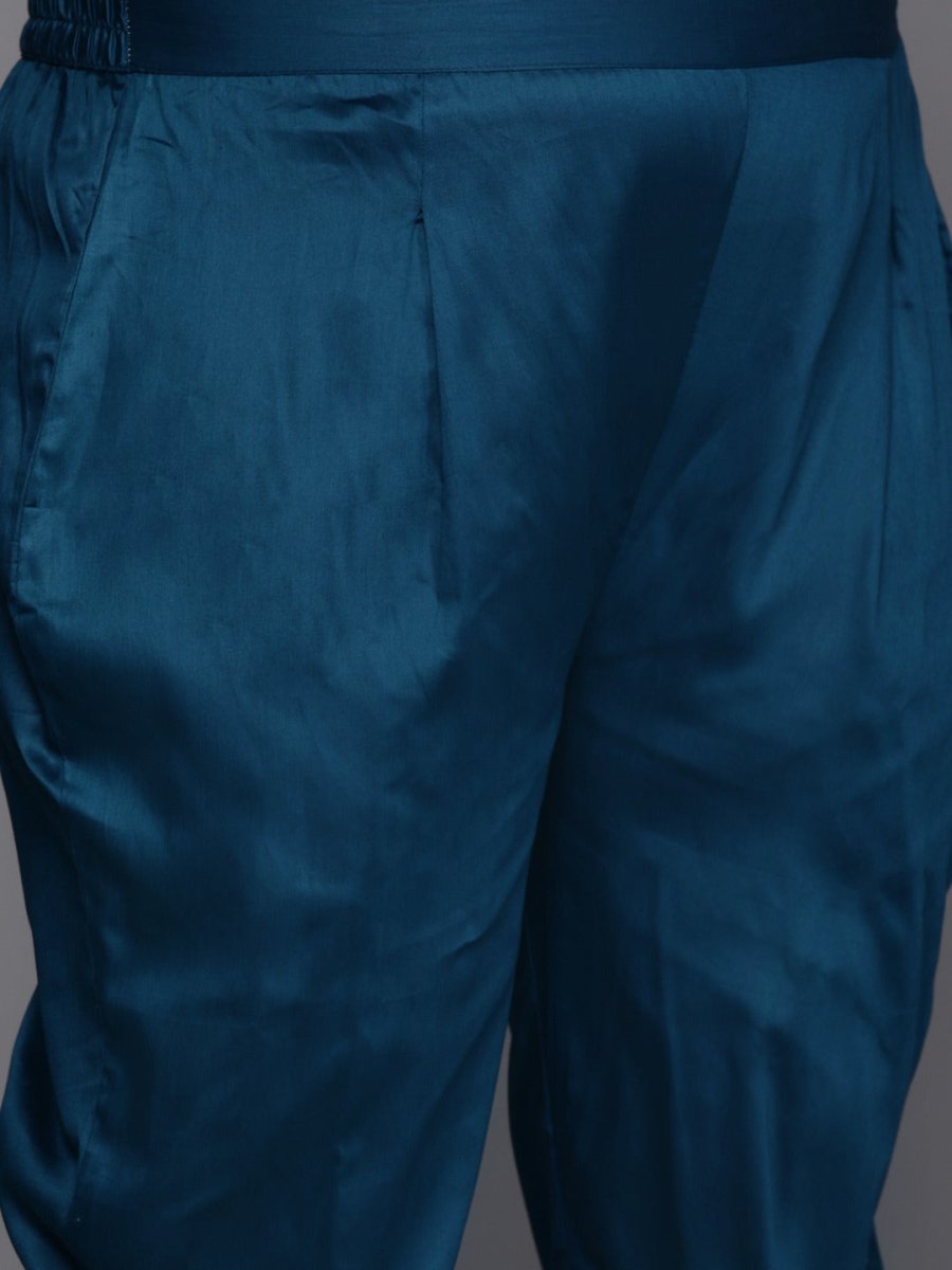 Women Teal Blue Embroidered Sequinned Chanderi Cotton Kurta Set With Dupatta - Inddus.com