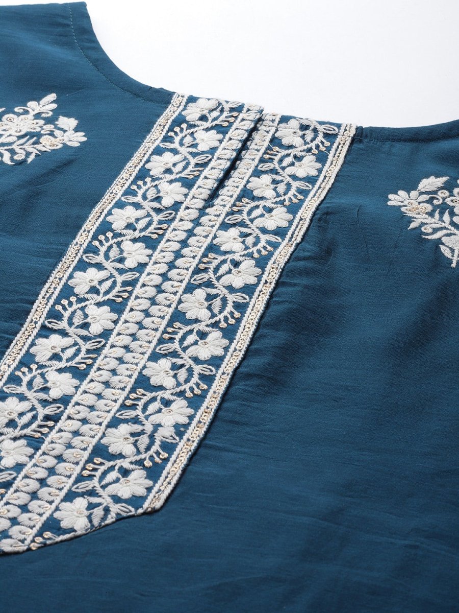 Women Teal Blue Embroidered Sequinned Chanderi Cotton Kurta Set With Dupatta - Inddus.com