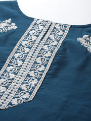 Women Teal Blue Embroidered Sequinned Chanderi Cotton Kurta Set With Dupatta - Inddus.com