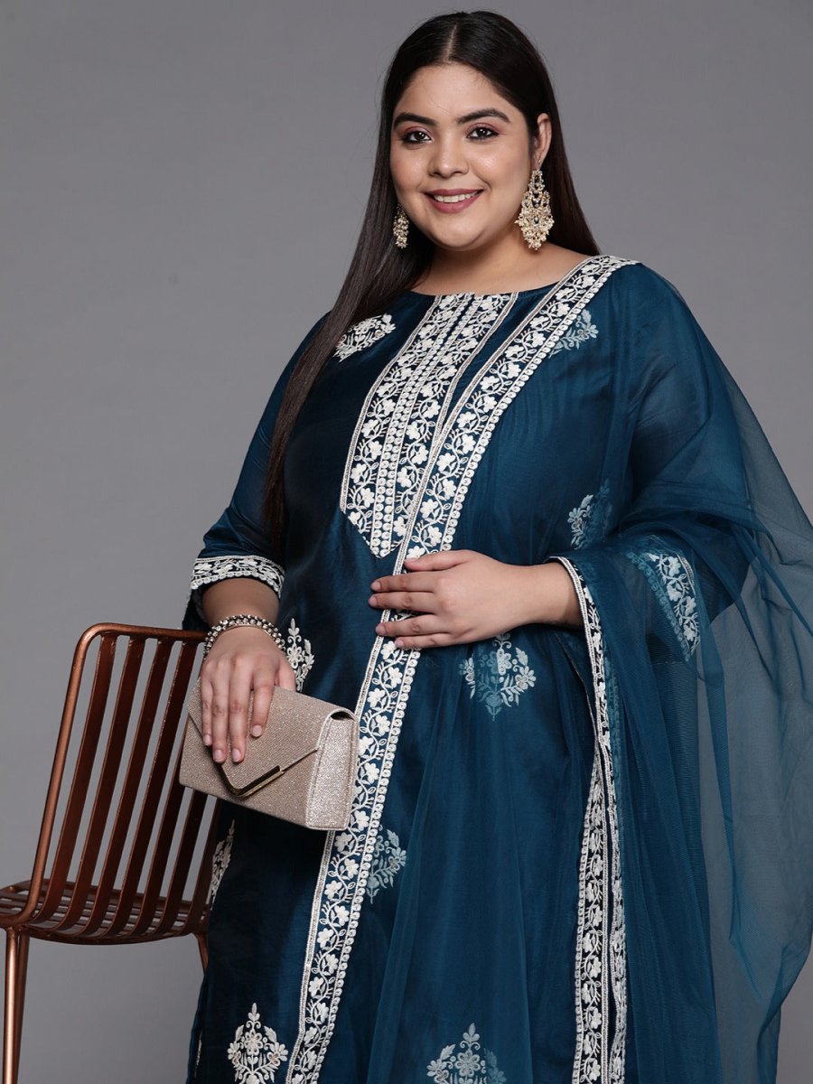 Women Teal Blue Embroidered Sequinned Chanderi Cotton Kurta Set With Dupatta - Inddus.com