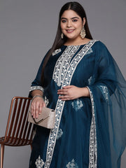 Women Teal Blue Embroidered Sequinned Chanderi Cotton Kurta Set With Dupatta - Inddus.com