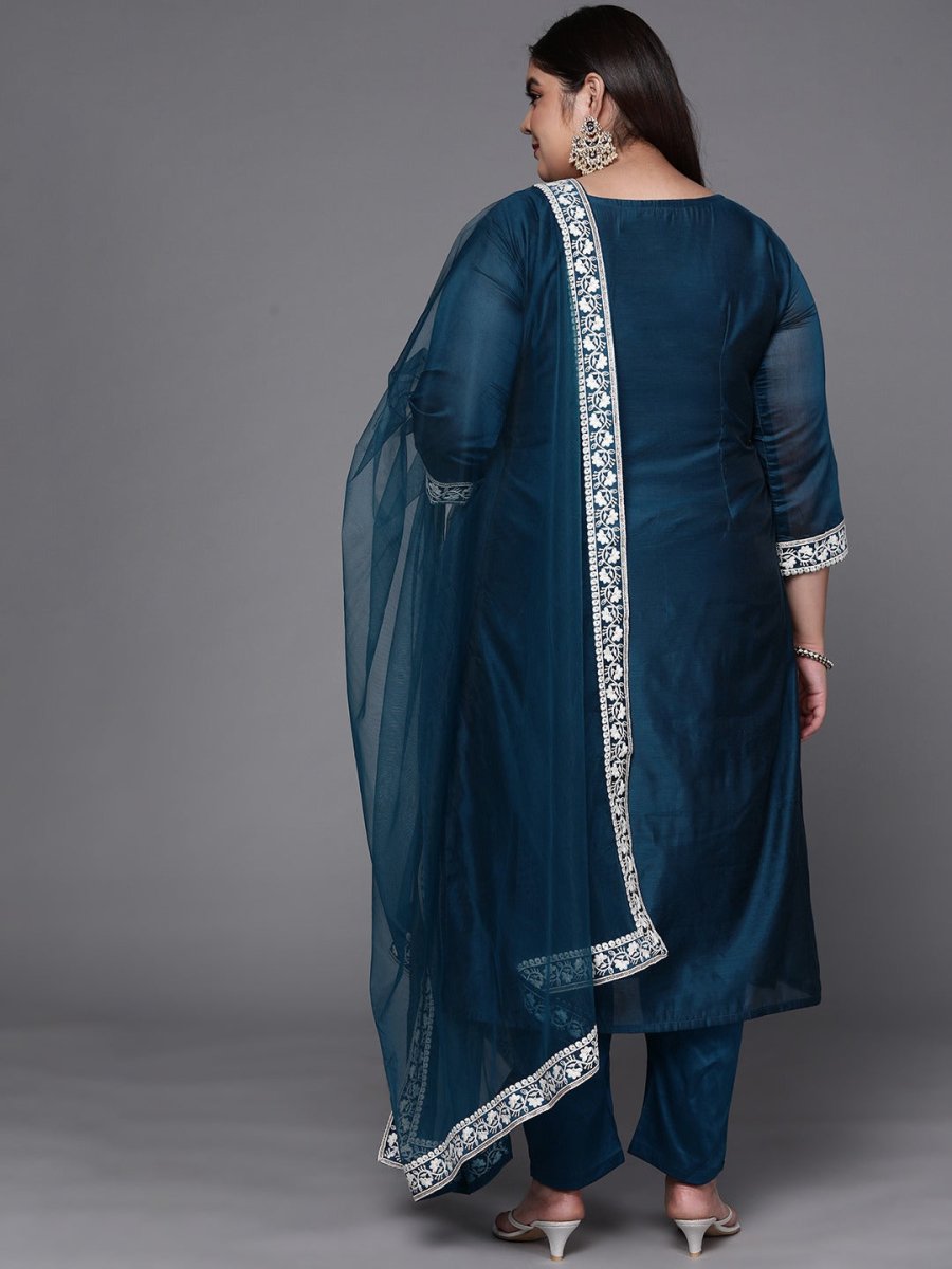 Women Teal Blue Embroidered Sequinned Chanderi Cotton Kurta Set With Dupatta - Inddus.com
