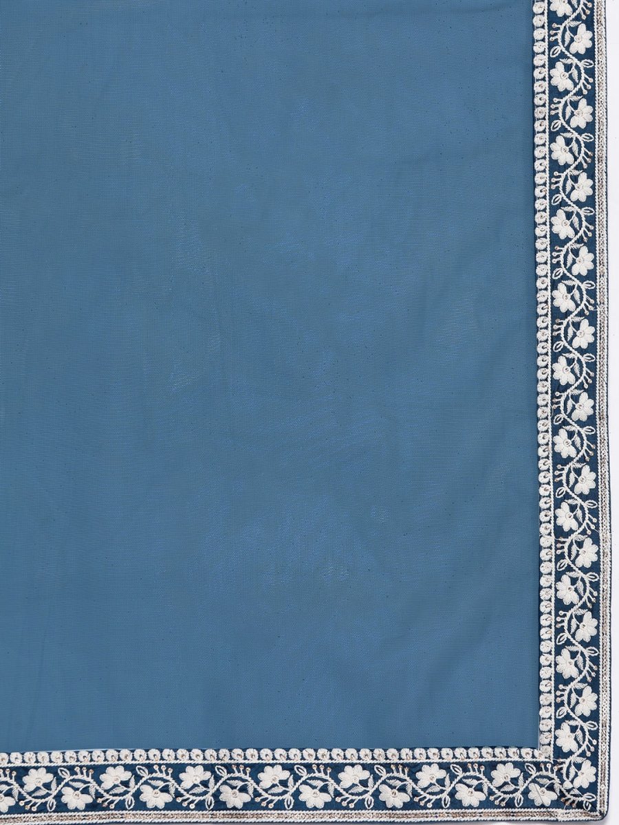 Women Teal Blue Embroidered Sequinned Chanderi Cotton Kurta Set With Dupatta - Inddus.com