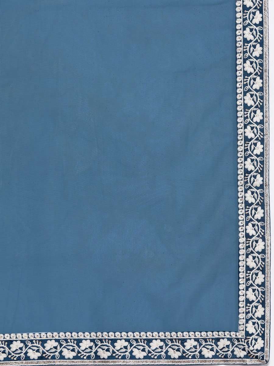 Women Teal Blue Embroidered Sequinned Chanderi Cotton Kurta Set With Dupatta - Inddus.com