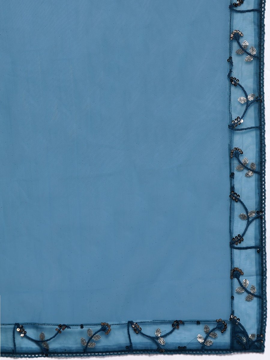 Women Teal Blue Embroidered Sequinned Kurta with Trousers & Net Dupatta - Inddus.com