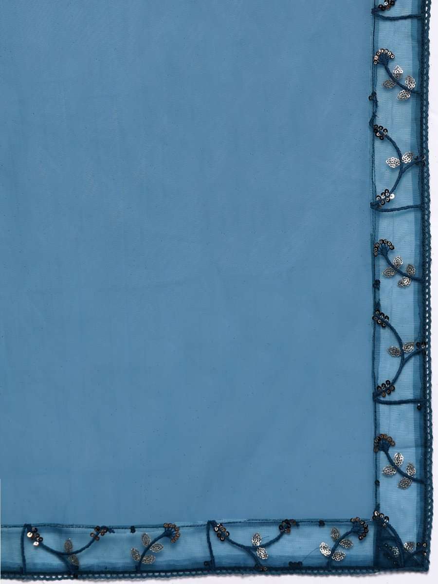 Women Teal Blue Embroidered Sequinned Kurta with Trousers & Net Dupatta - Inddus.com