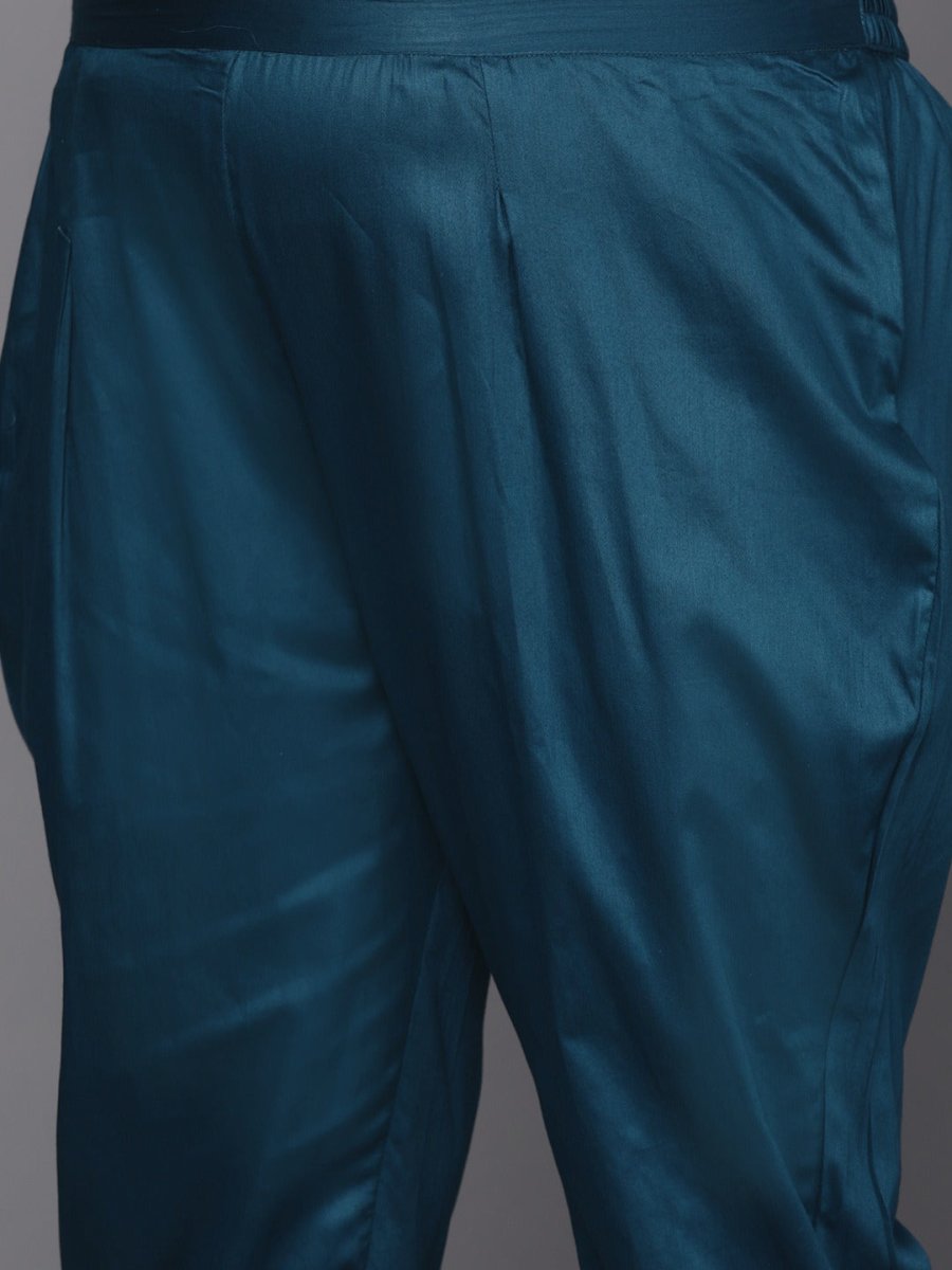 Women Teal Blue Embroidered Sequinned Kurta with Trousers & Net Dupatta - Inddus.com
