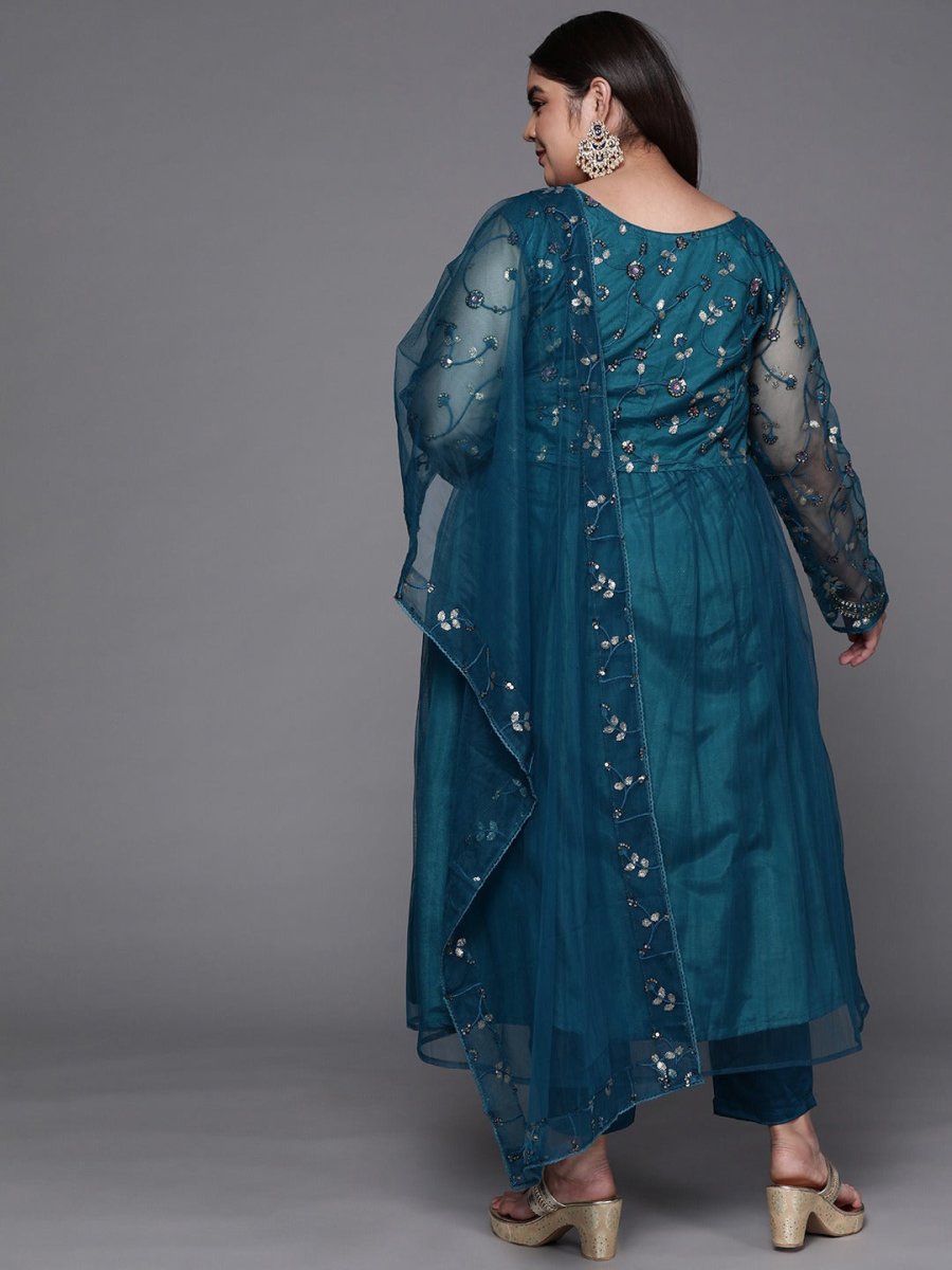 Women Teal Blue Embroidered Sequinned Kurta with Trousers & Net Dupatta - Inddus.com