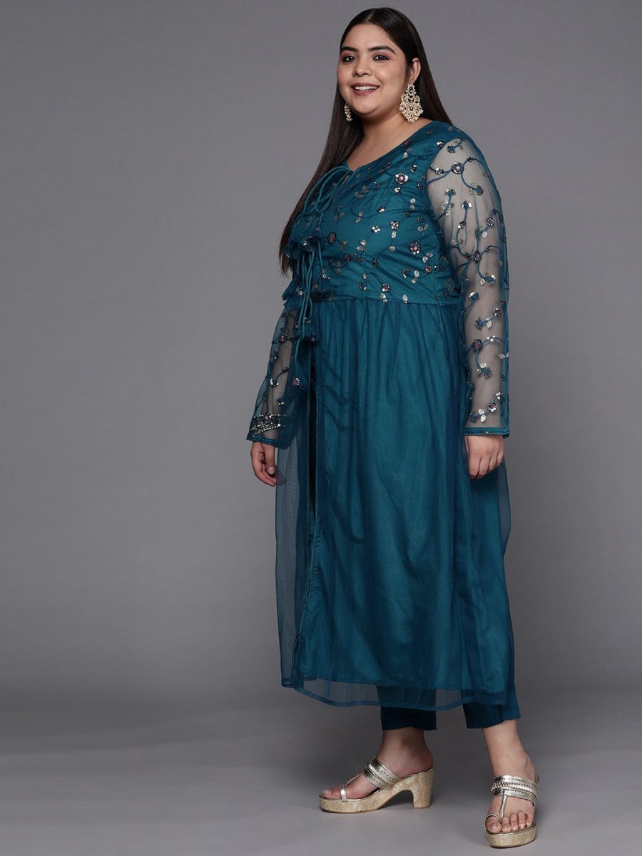 Women Teal Blue Embroidered Sequinned Kurta with Trousers & Net Dupatta - Inddus.com