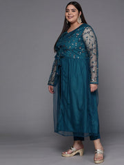 Women Teal Blue Embroidered Sequinned Kurta with Trousers & Net Dupatta - Inddus.com