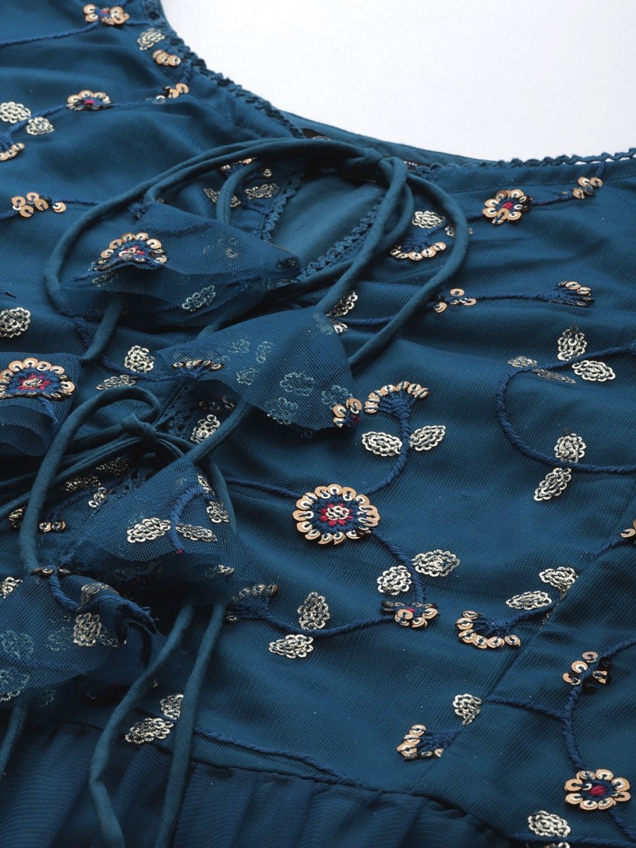 Women Teal Blue Embroidered Sequinned Kurta with Trousers & Net Dupatta - Inddus.com