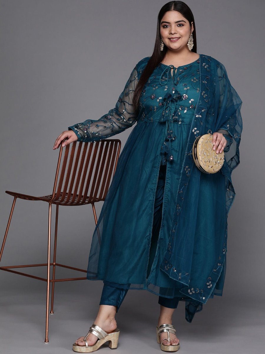 Women Teal Blue Embroidered Sequinned Kurta with Trousers & Net Dupatta - Inddus.com