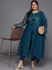 Women Teal Blue Embroidered Sequinned Kurta with Trousers & Net Dupatta - Inddus.com