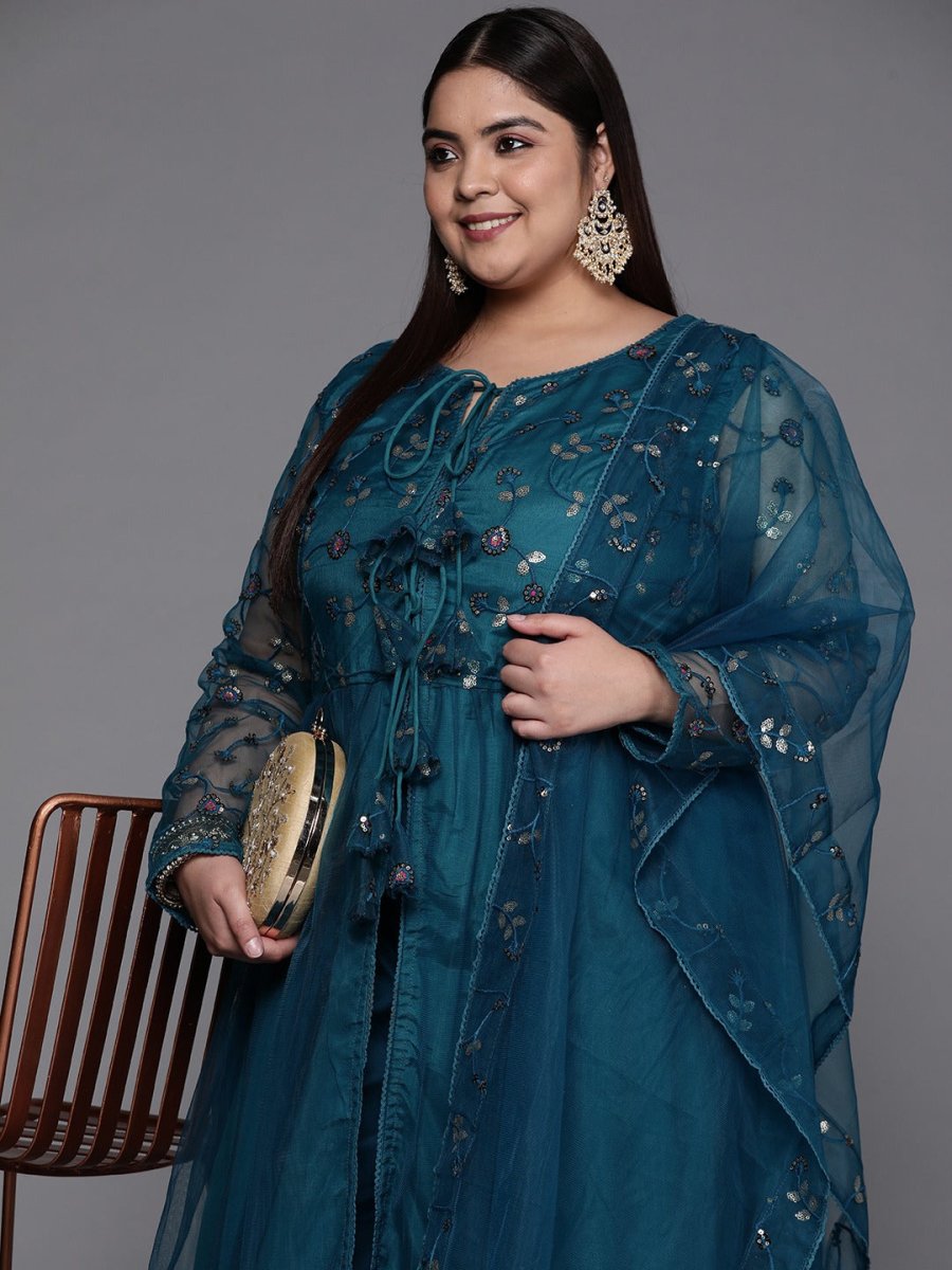 Women Teal Blue Embroidered Sequinned Kurta with Trousers & Net Dupatta - Inddus.com