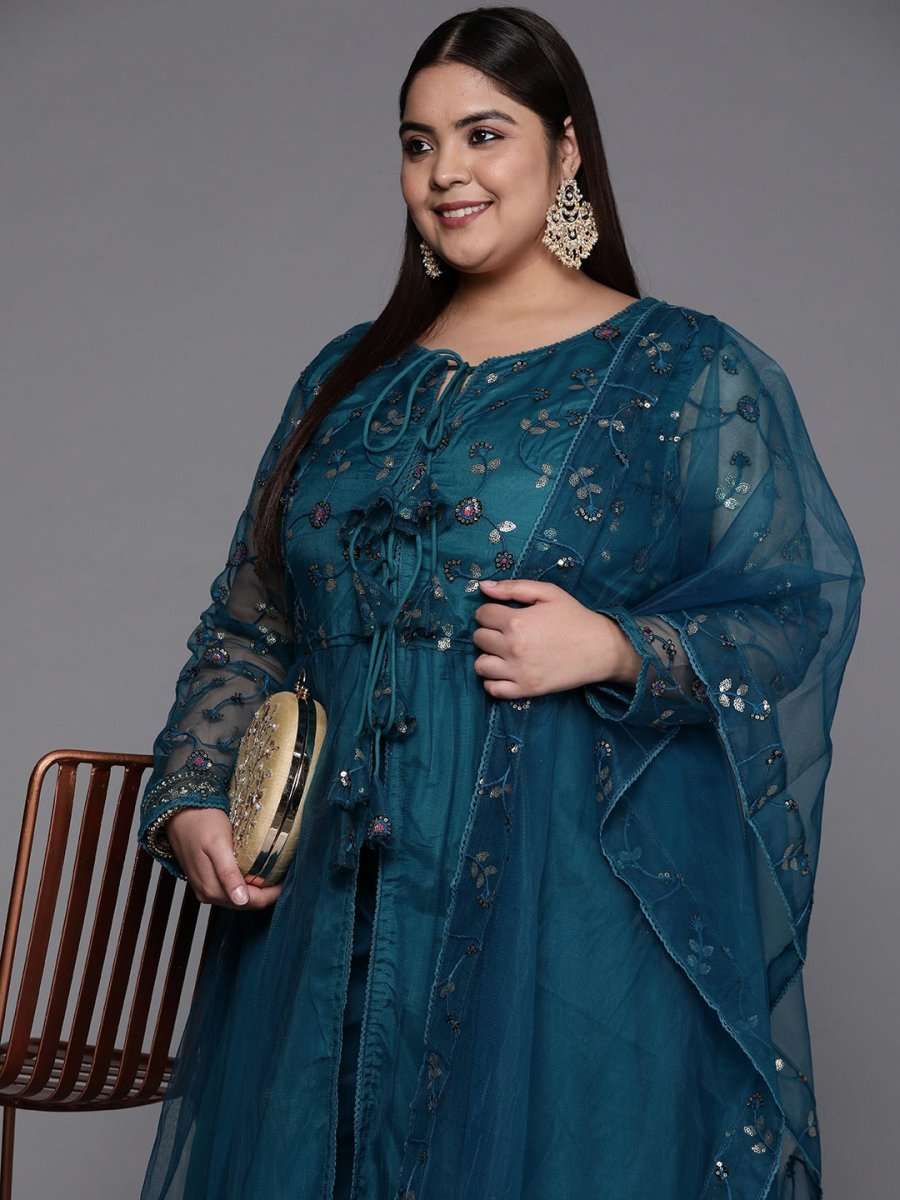 Women Teal Blue Embroidered Sequinned Kurta with Trousers & Net Dupatta - Inddus.com