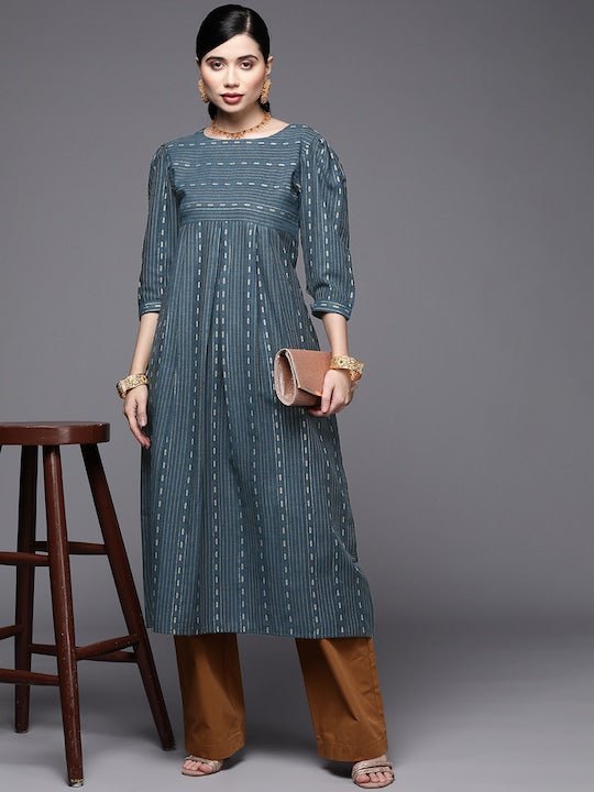 Women Teal Blue & Gold-Toned Striped Pure Cotton Kurta - Inddus.com