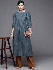 Women Teal Blue & Gold-Toned Striped Pure Cotton Kurta - Inddus.com