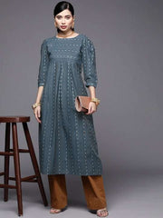 Women Teal Blue & Gold-Toned Striped Pure Cotton Kurta - Inddus.com